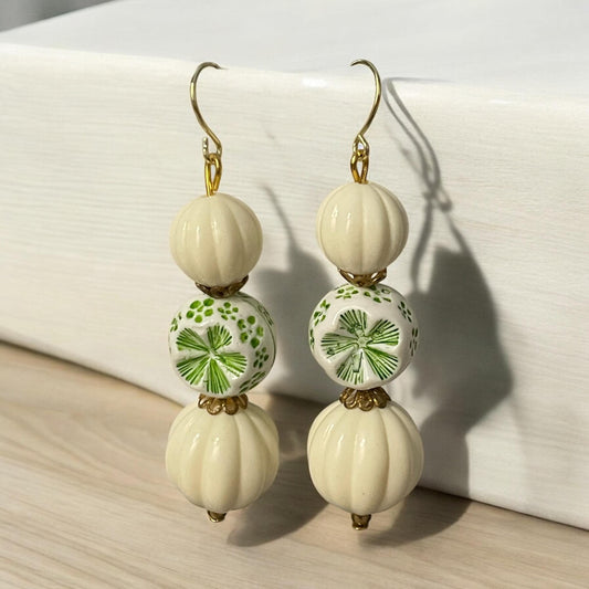 Green & cream dangle earrings - vintage bead with green florals combined with cream colored vintage melon ball beads
