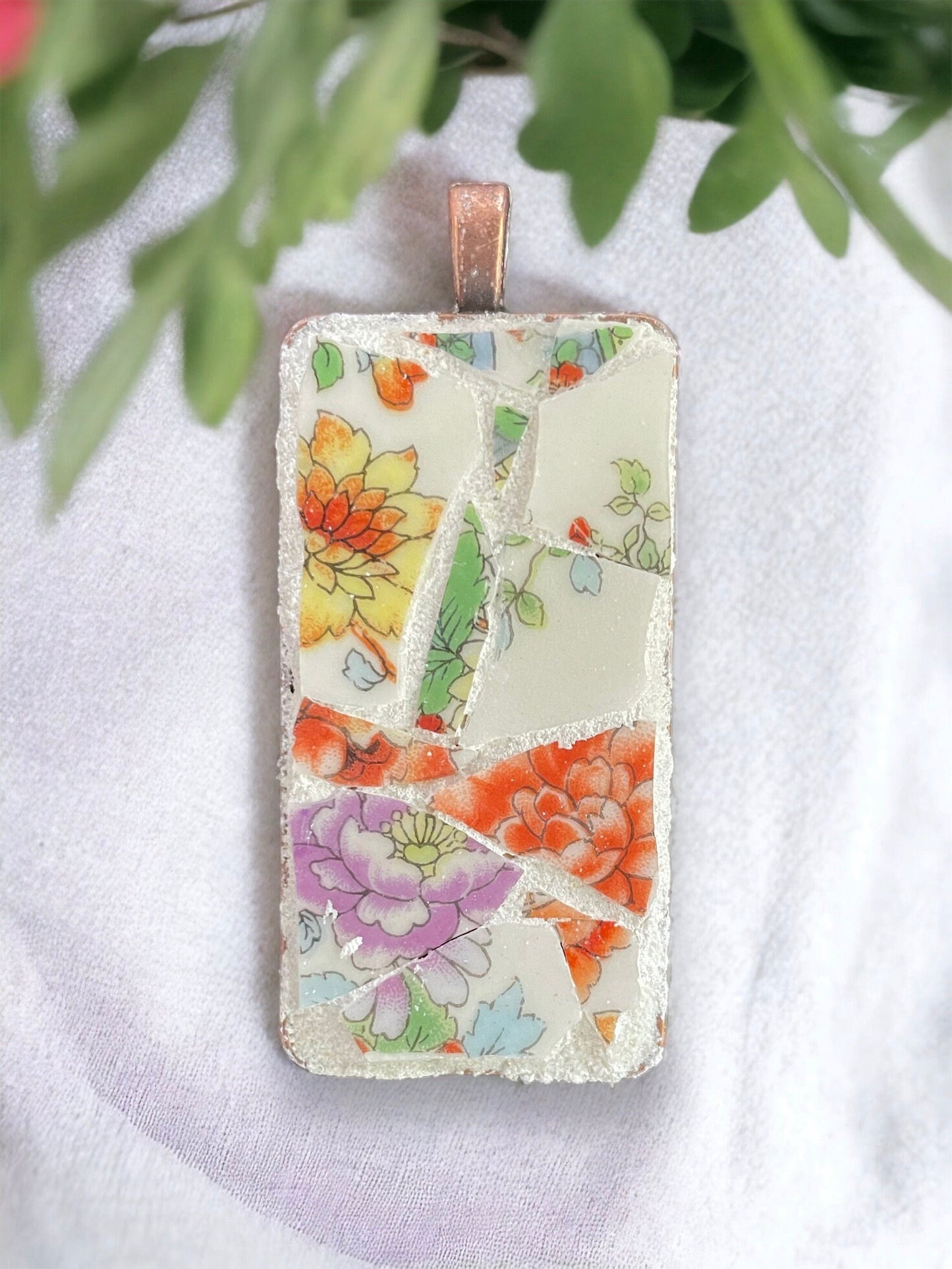 Handmade mosaic floral necklace - made of an upcycled broken vintage plate
