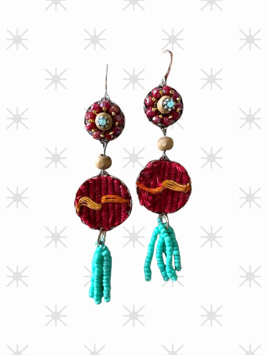 Collage earrings - "Red Sky" - fabric, wood, mixed metals, glass seed beads - sterling silver ear wires