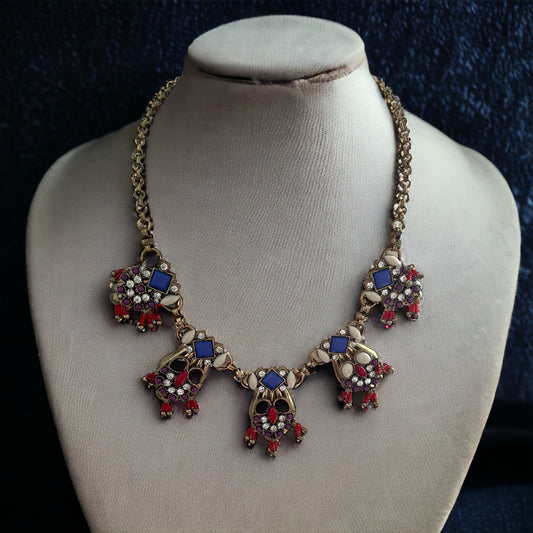 Indian inspired vintage inlaid colors and rhinestones statement necklace