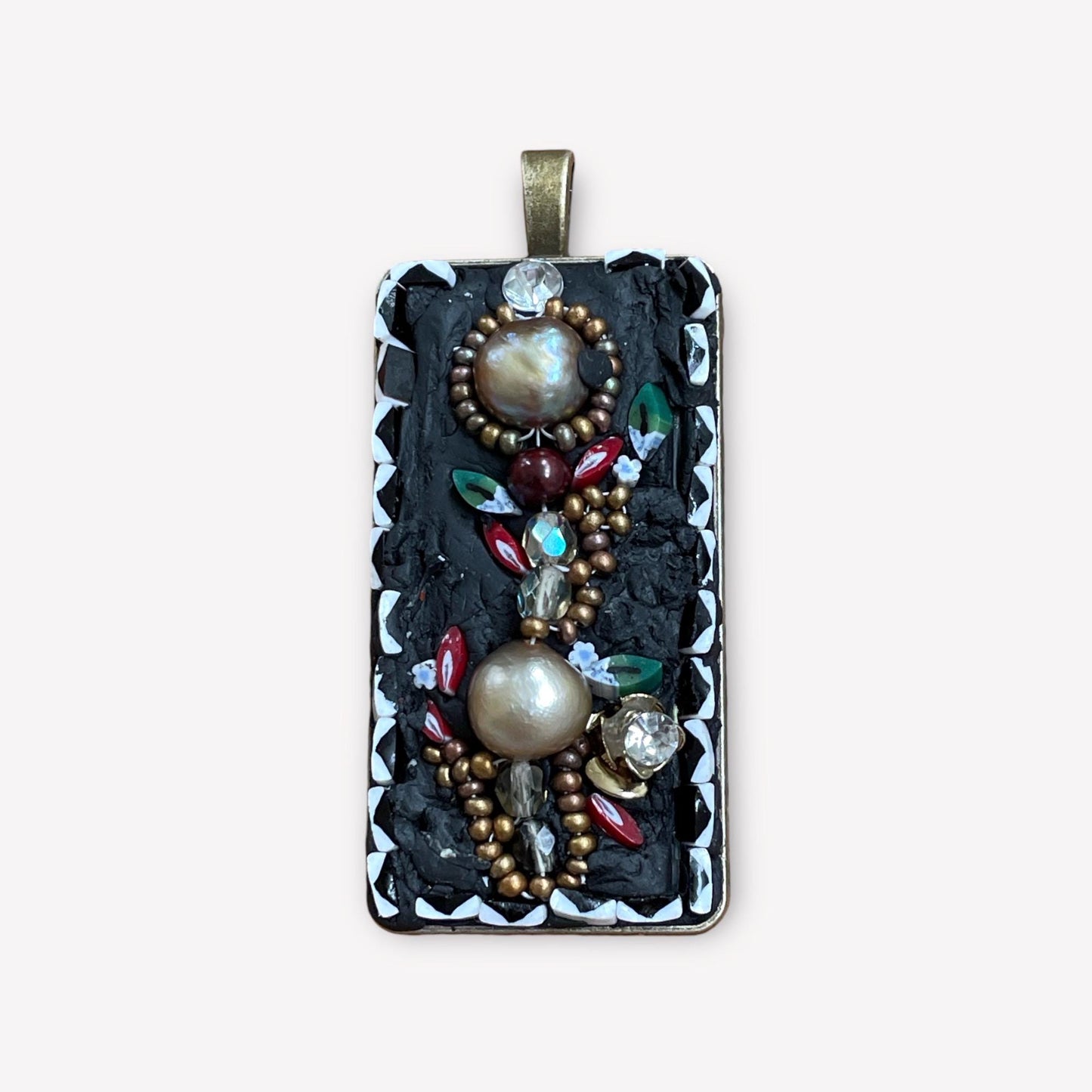 Handmade mixed material floral mosaic necklace - made with inlaid pearls, beadwork, hand cut millefiori glass and crystals.