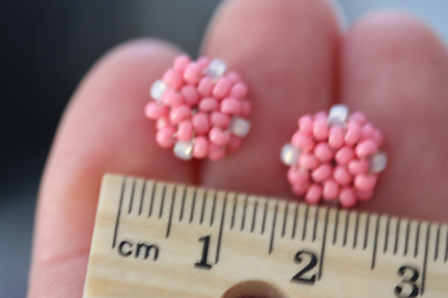 Hand beaded stud earrings - pink and white - studs, beadwork studs, beaded studs
