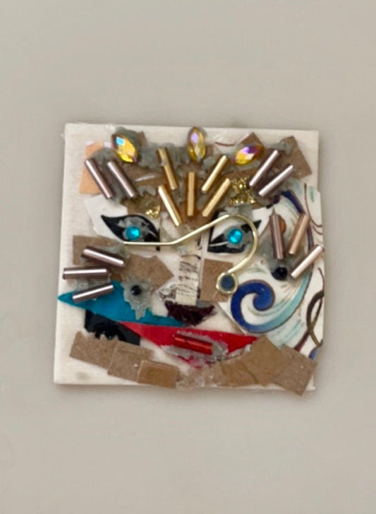 Meet "Lia the Lion" - Assemblage art / mixed media collage, mosaic - magnet, pin, necklace pendant or Christmas ornament