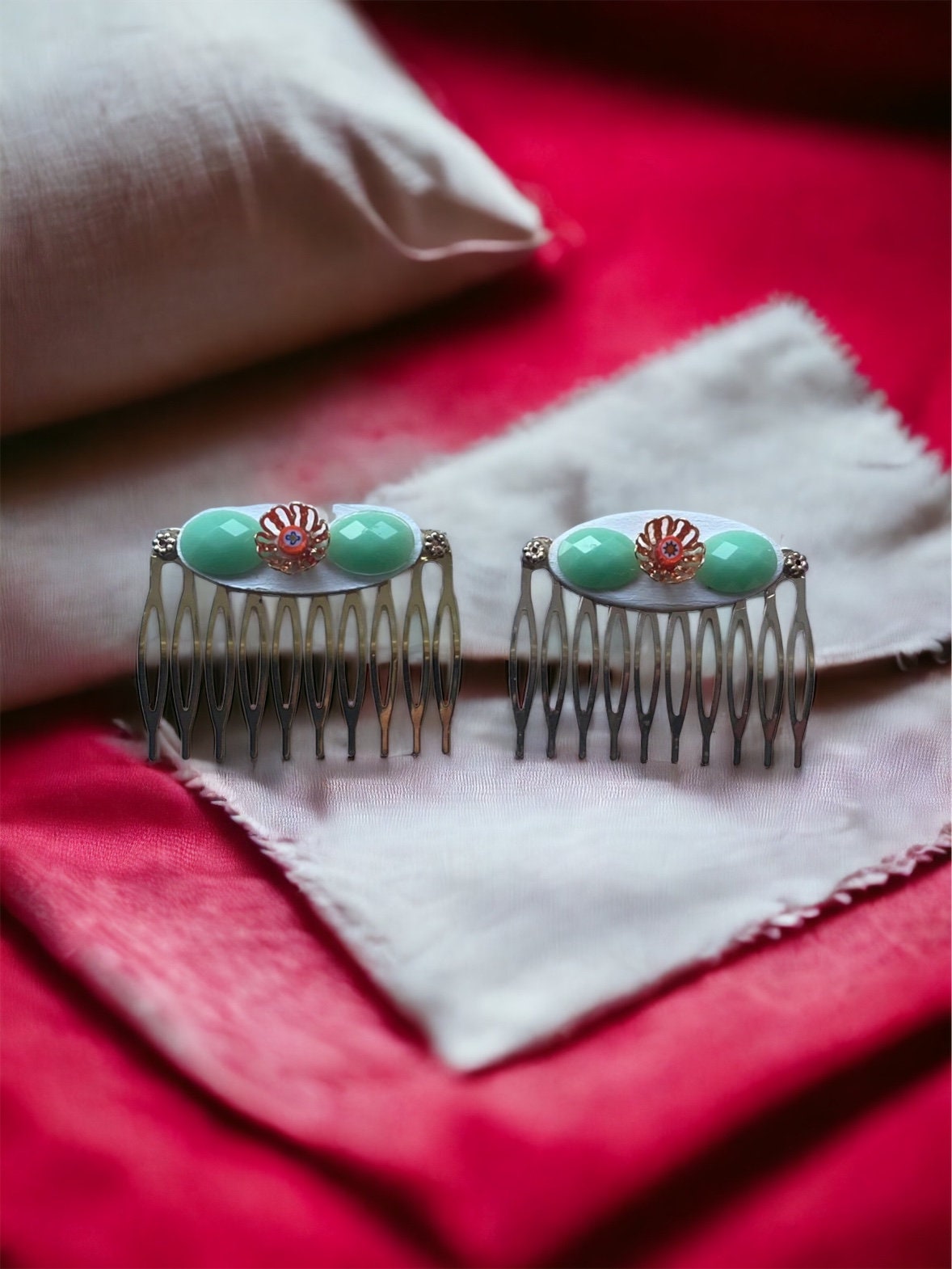 Pair of one-of-a-kind mixed medium handmade floral hair clips