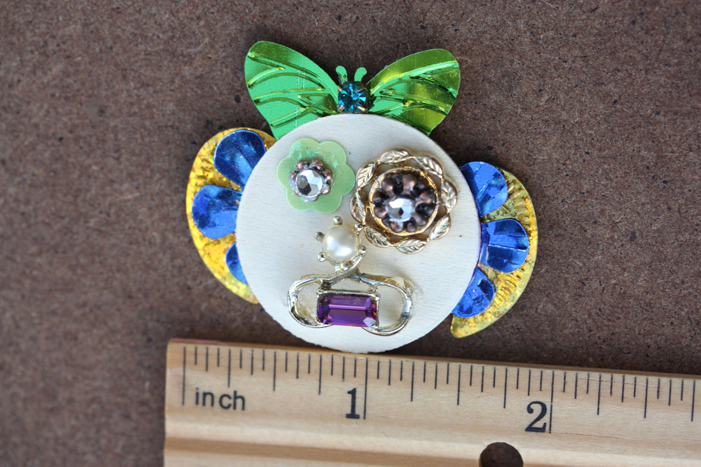 Meet "Mary Sue" - Assemblage art / mixed media collage, mosaic - magnet, pin or necklace pendant or Christmas ornament