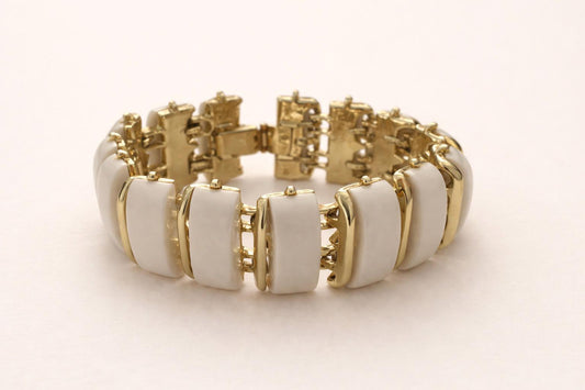 Vintage Thermoset White Bracelet and Earrings Set, Mid Century Modern Jewelry, White Panel Link Bracelet, Clip Earrings, Retro Set, MCM