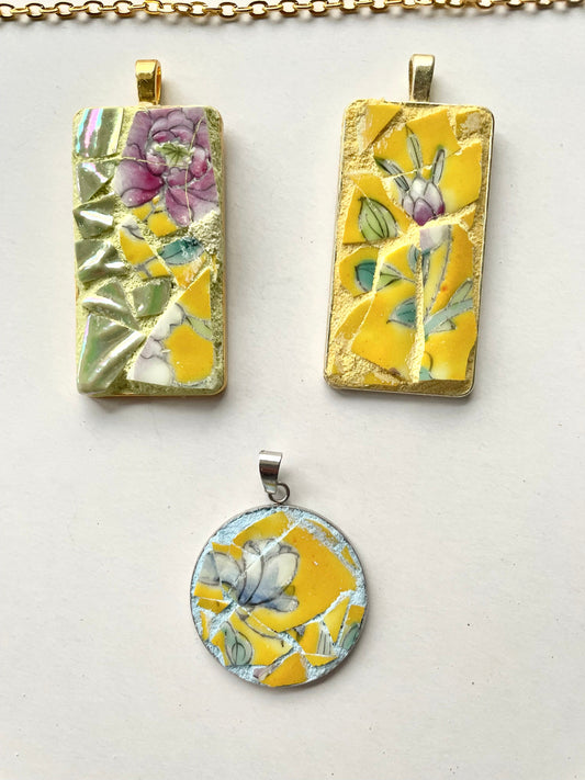 One-of-a-kind mosaic necklaces made from broken vintage dishes