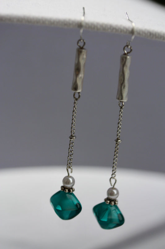 Long mixed material silver chain earrings with silver bars, faux baby pearls and triangular turquoise glass