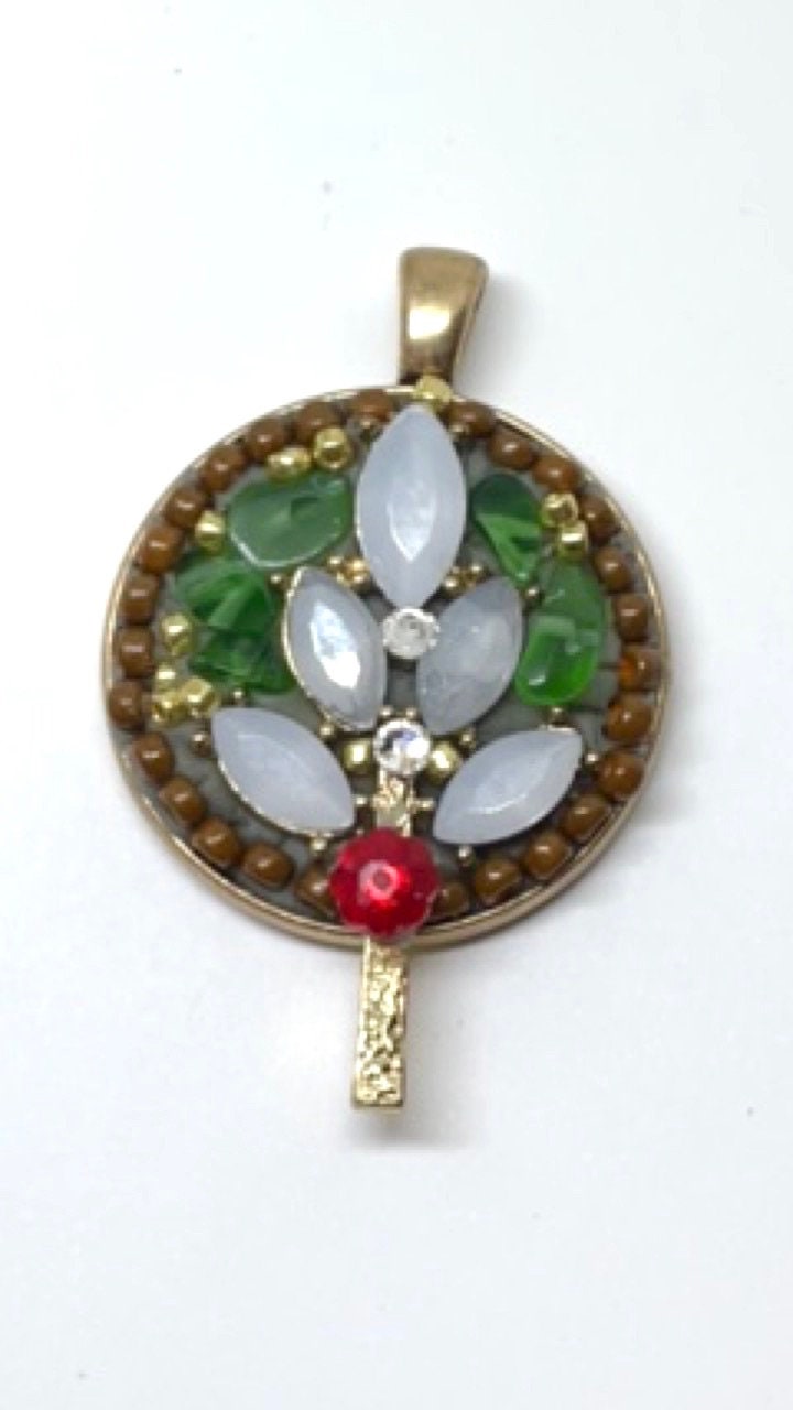 Handmade mosaic necklace pendant - Christmas tree - mixed materials inlaid - rhinestones, green gemstone chips, glass beads, vintage pieces