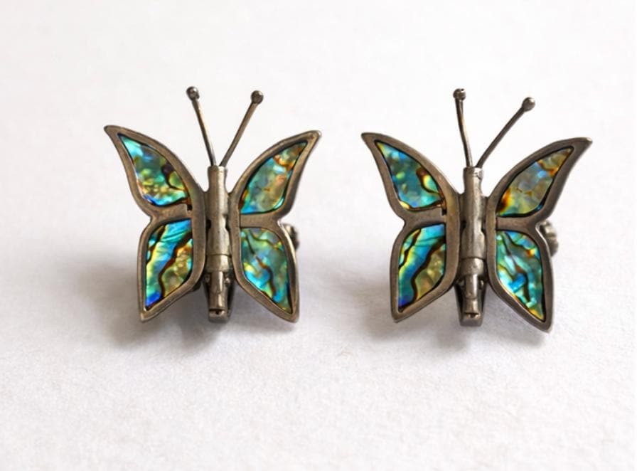 Vintage Abalone Butterfly Earrings signed Hecho en Mexico Screwback Mexican Silver Tone Shell Inlay Mid Century Nature Jewelry