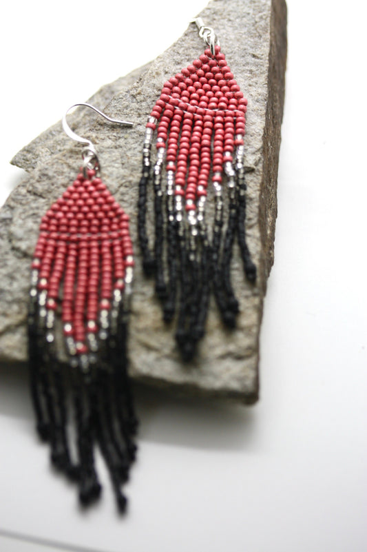 Hand beaded Native-American-Style stunning dangle beadwork earrings - pink, silver and black