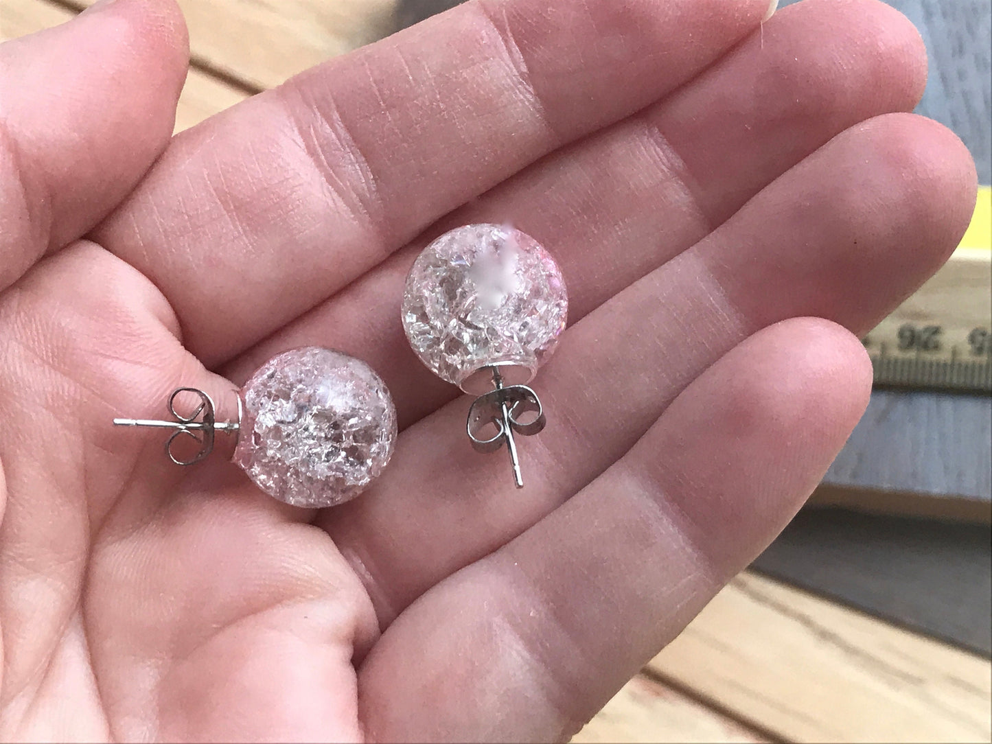 Pink shades of crackle glass upcycled vintage stud earrings