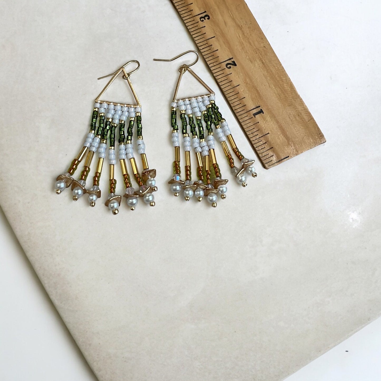 Hand beaded stunning dangle earrings - emerald green and gold with white faux pearls