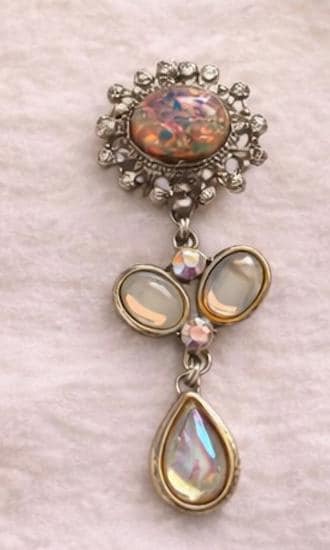 Vintage Art Glass & Opalescent Aurora Borealis Rhinestone Jewelry – Earrings, Pin or Full Set – Iridescent Cabochon Statement Pieces