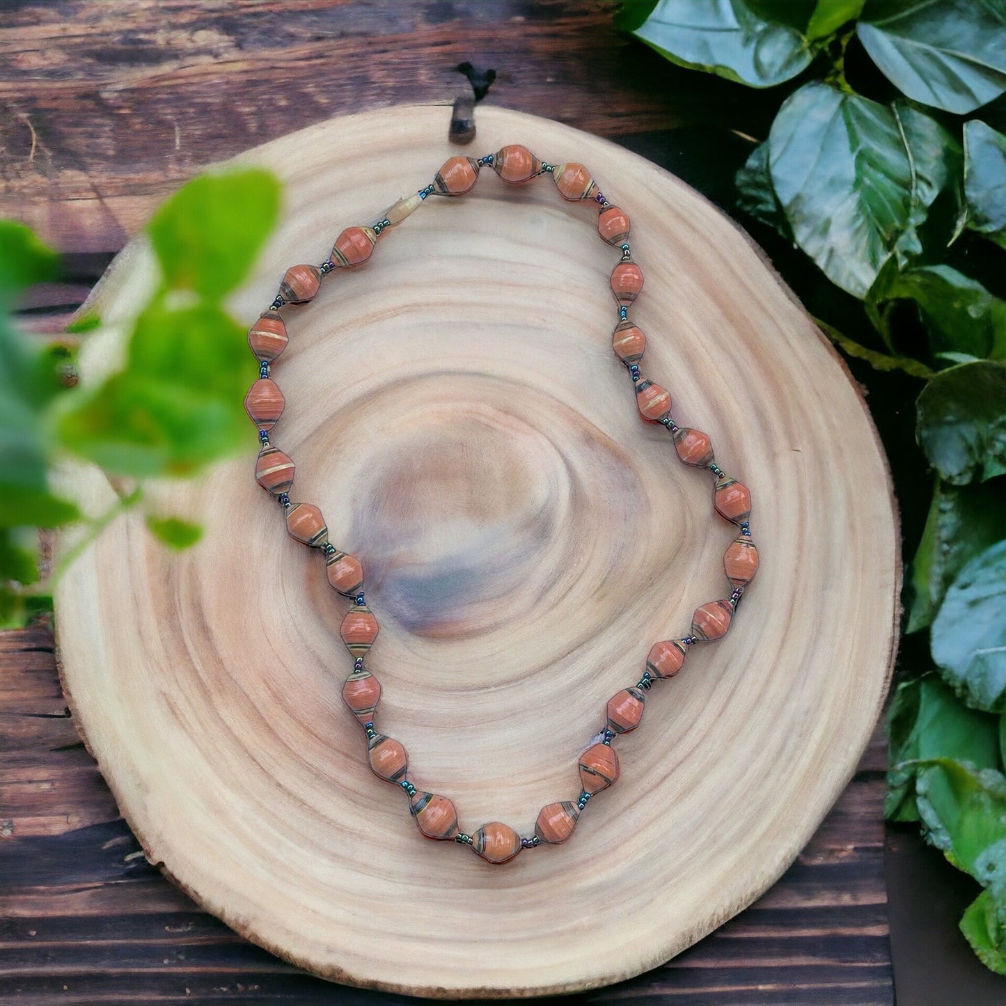 Orange paper rolled oval beaded necklace