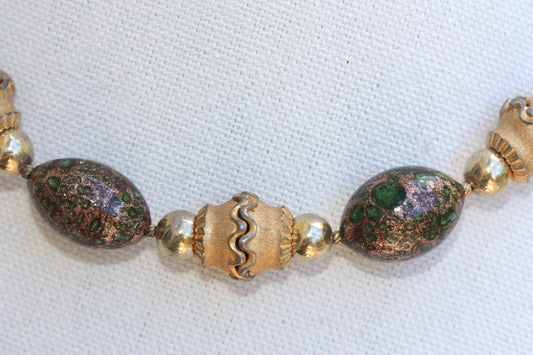 Rare Crown Trifari 1950's Murano Glass Beaded Etruscan Style Necklace - green and gold