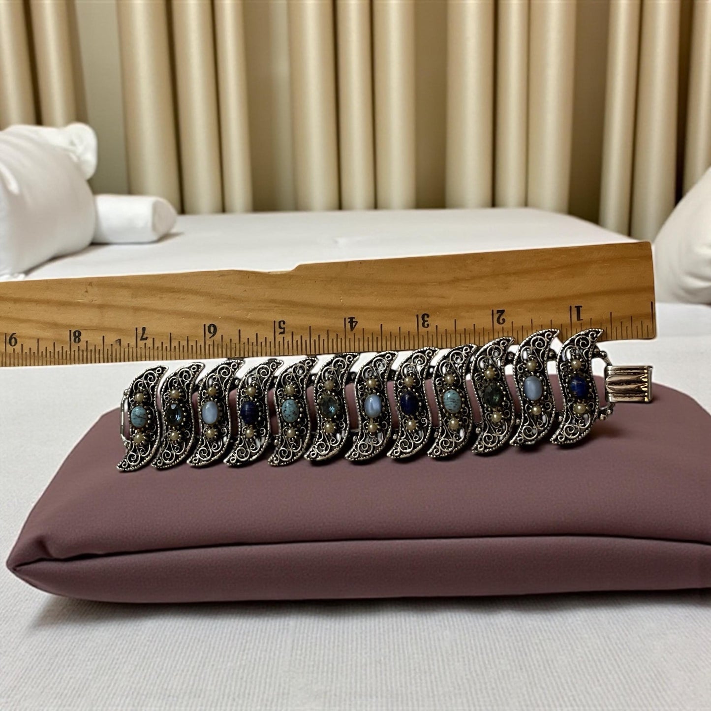1940s Silvertone Filigree Bracelet – Vintage Blue Glass Cabochons, Art Deco Style, Retro Statement Jewelry