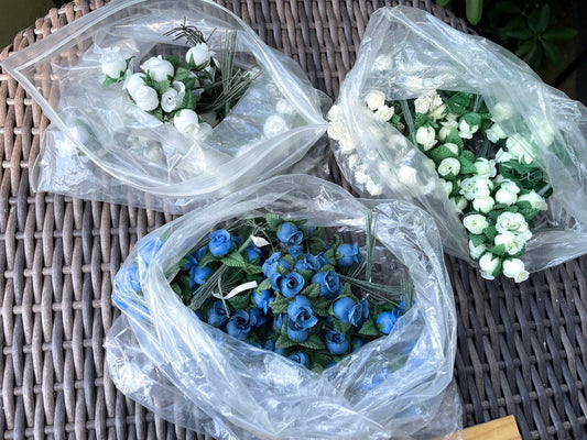 Three dozen (36) individually wire stemmed faux flowers - available in 3 colors - blue, yellow or white