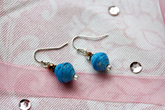 Little dangle earrings made with blue rolled paper, crystal and white sparkly glass beads