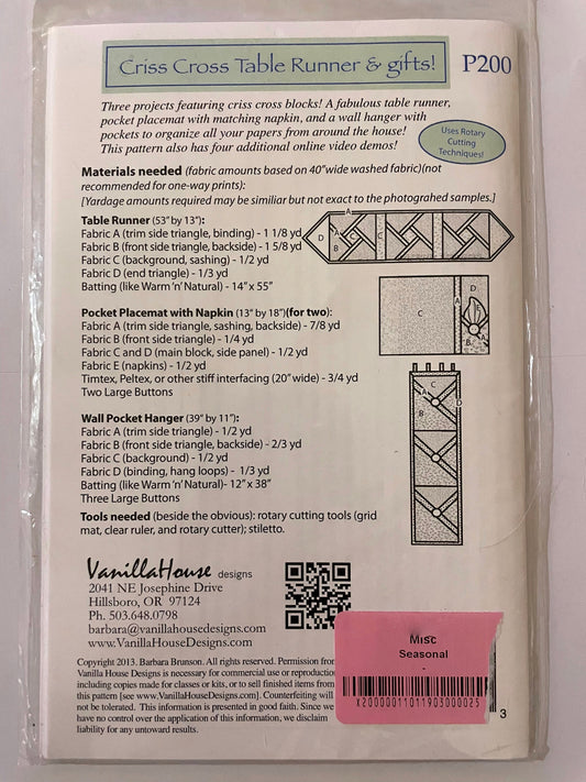 UNCUT Sewing Pattern - criss cross table runner, placemat, cloth napkins, wall pocket hanger, gifts, Vanila House Designs P200