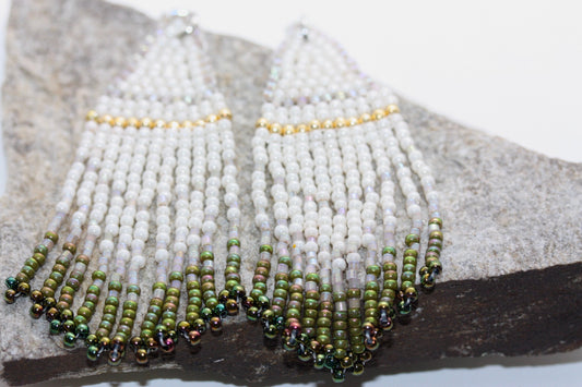 Hand beaded Native-American-Style stunning dangle beadwork earrings - shades of green and white with touches of silver crystal and gold