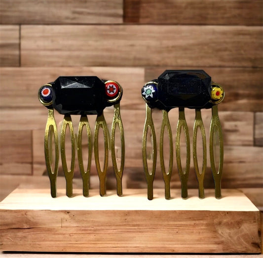 Pair of one-of-a-kind handmade Italian glass micro mosaic hair combs with millefiori around vintage black bezel