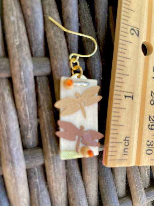Mixed material dragonflies collage handmade dangle earrings - wood, metal, glass, paper and more