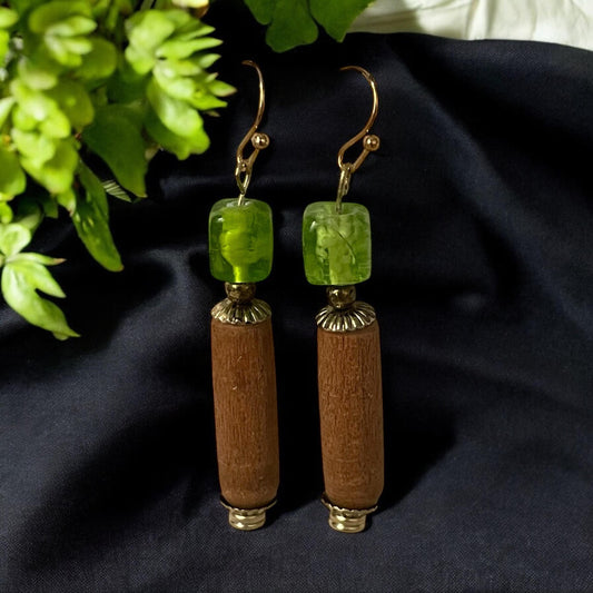 Handmade dangle earrings - lime green upcycled glass cubes with vintage wood tubes and metal elements, goldtone french ear wires