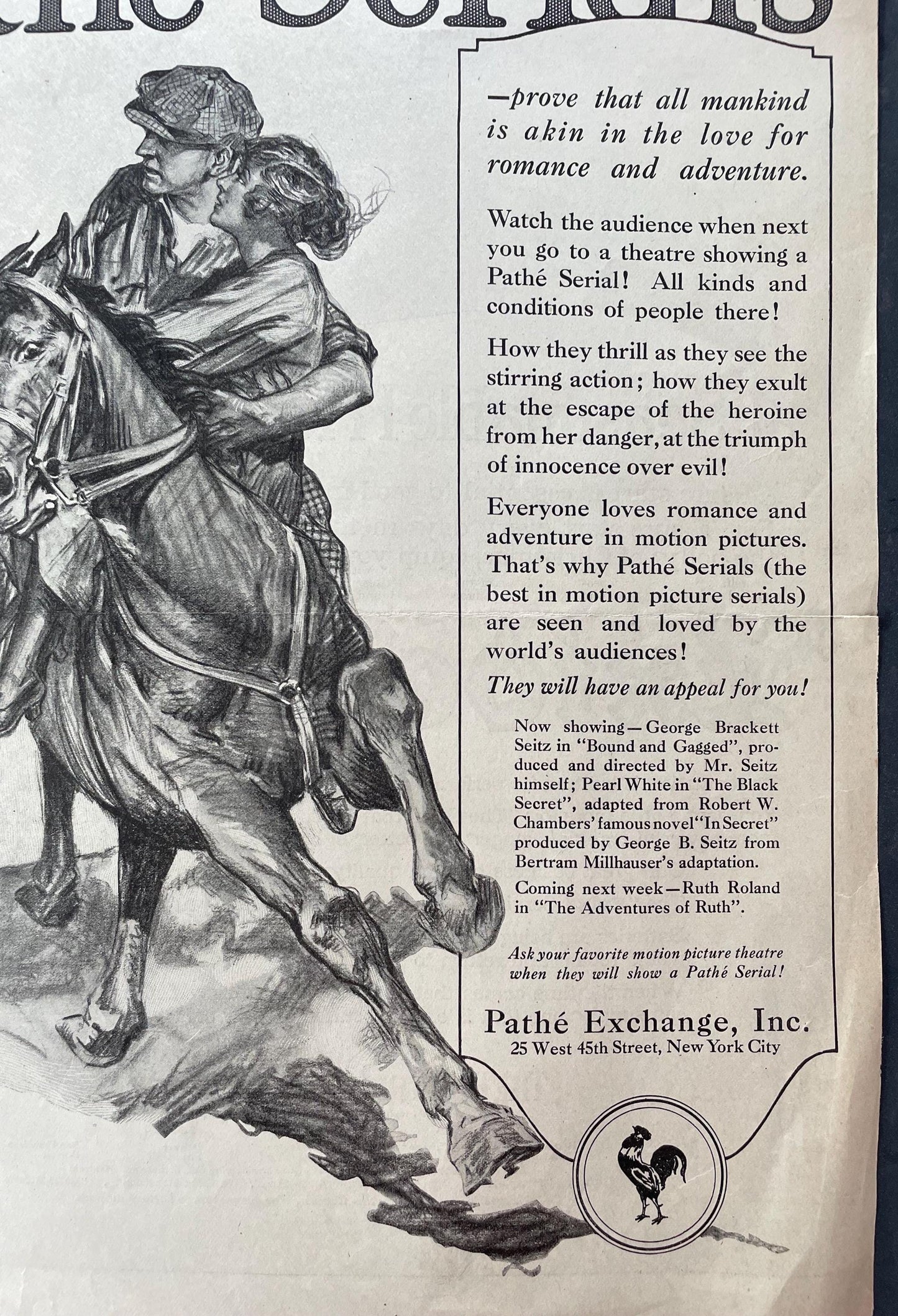 Original 1919 Saturday Evening Post Advertisement for the Pathe Silent Film Pathe Serials Movie - Dealton Valentine Art Ad - romantic ad