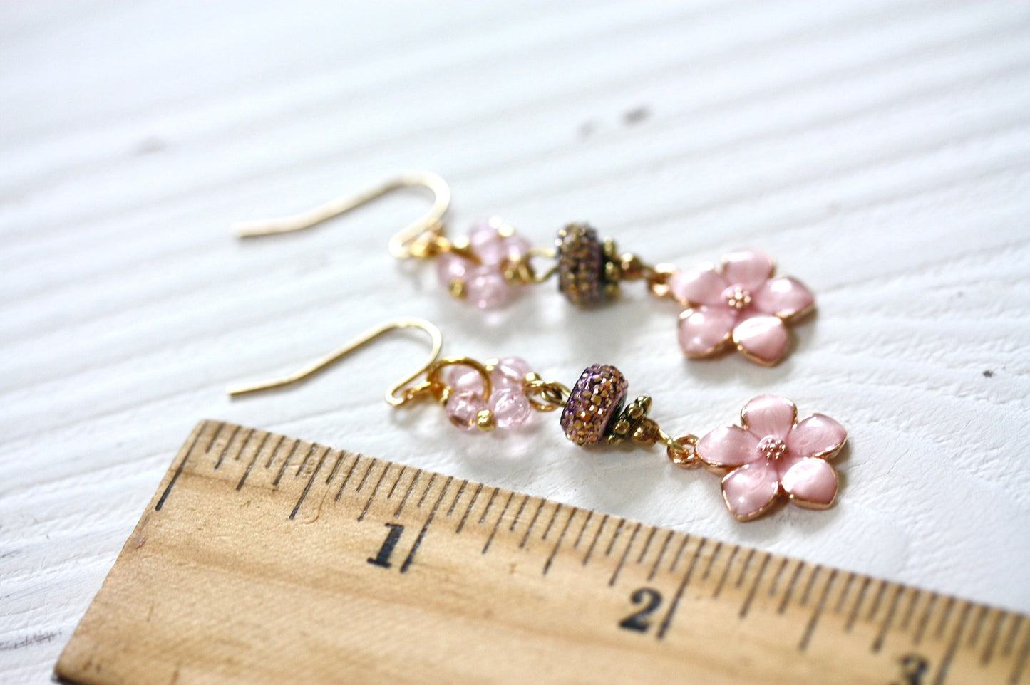 Handmade mixed material light pink enamel flower drop dangle earrings