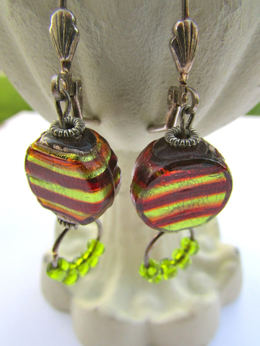 Stunning striped artisan glass and lime-toned green glass dangle hoops - vintage artisan earrings