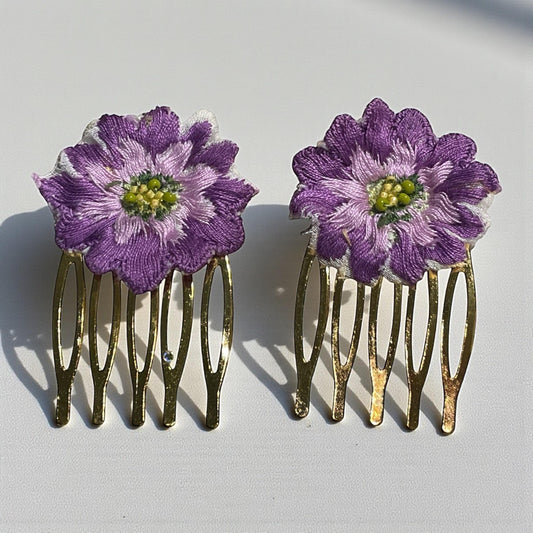 Handmade Purple Flower Hair Combs – Upcycled Vintage Linen Embroidered Blossoms with Hand Beadwork, Floral Hair Accessories