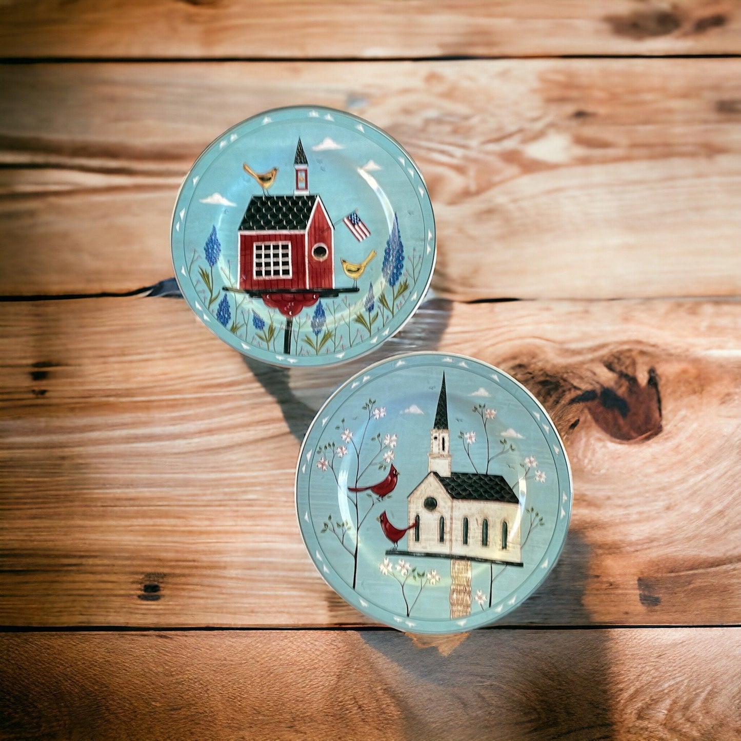 Pair of charming Warren Kimble Birdhouse Salad/dessert Plates - 8" each