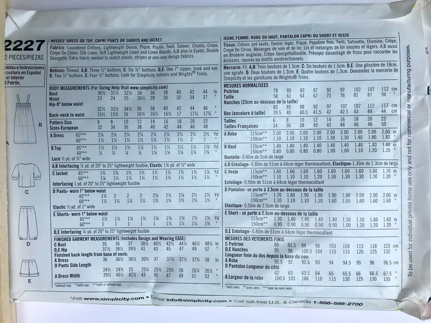 UNCUT Sewing Pattern - Simplicity 2227 - Dress or top, Capri pants or shorts and jacket sizes 6-8-10-12-14