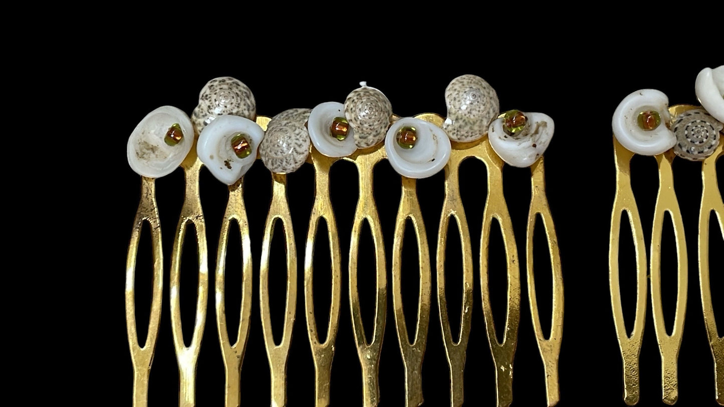 Pair of stunning hand beaded white and striped shell hair combs with burnt orange-gold glass seed beads on goldtone metal hair combs