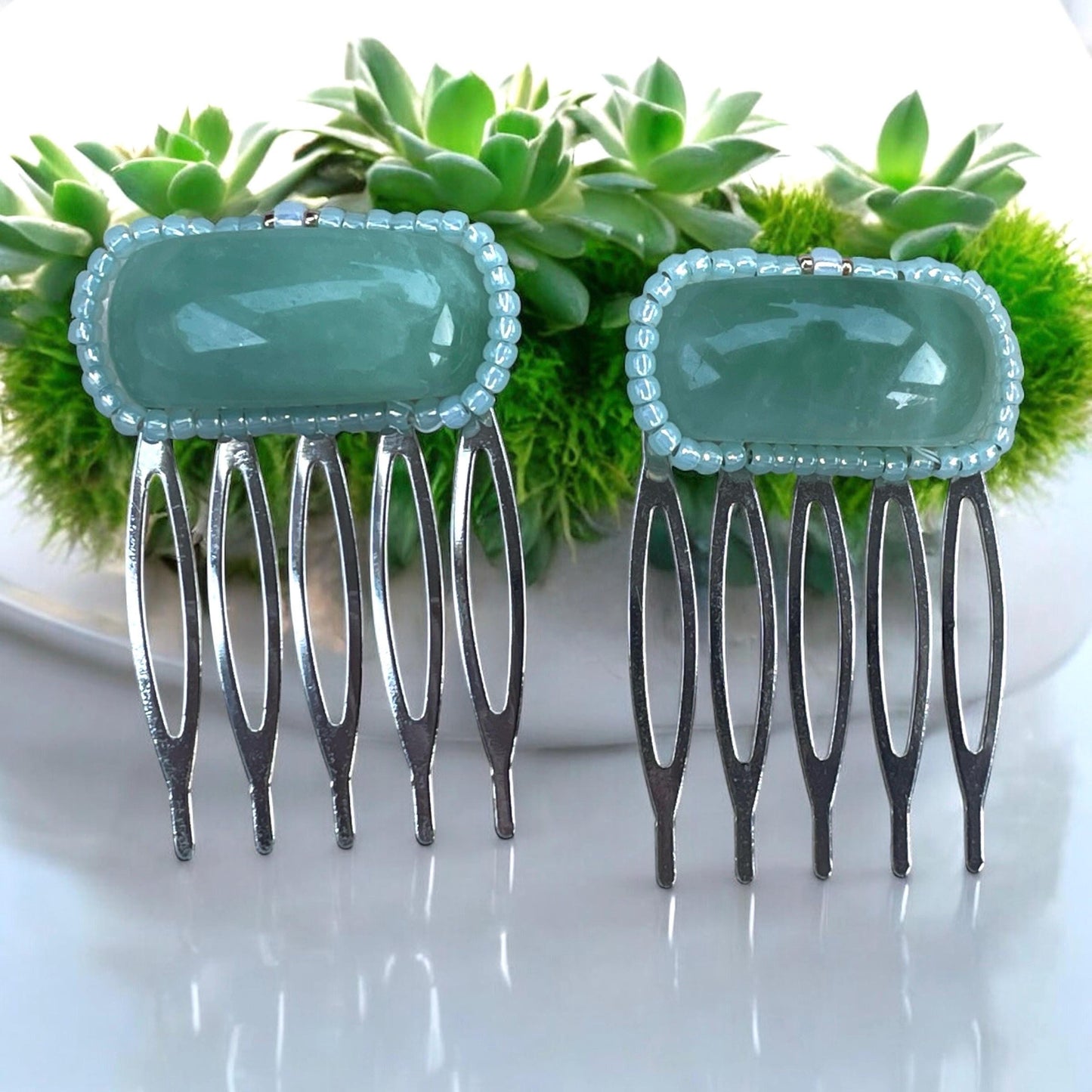 Hand beaded, handmade pair of jade hair combs