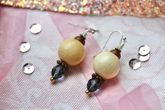 Blue glass crystal and wood beads handmade dangle earrings with vintage, upcycled and new elements