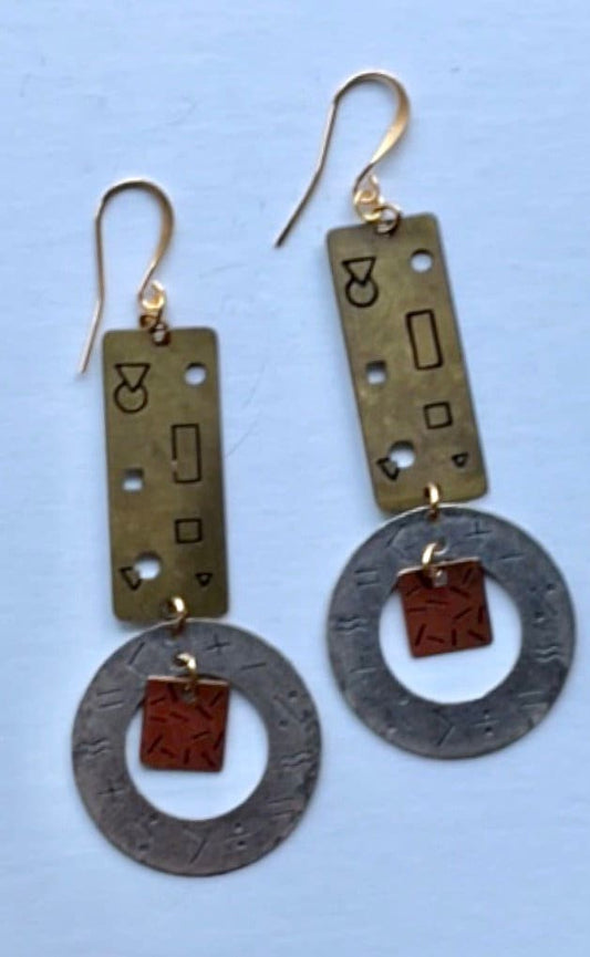 Stunning mixed metal geometric designed dangle earrings - signed NP