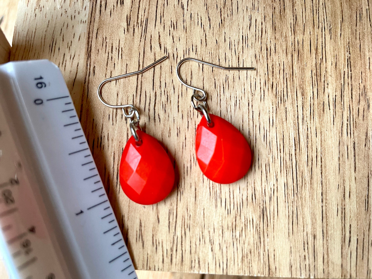 Simple upcycled orangish red teardrop dangle earrings