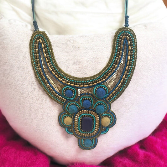 Stunning beadwork necklace - mixed materials with sequins, pom poms and beads - turquoise