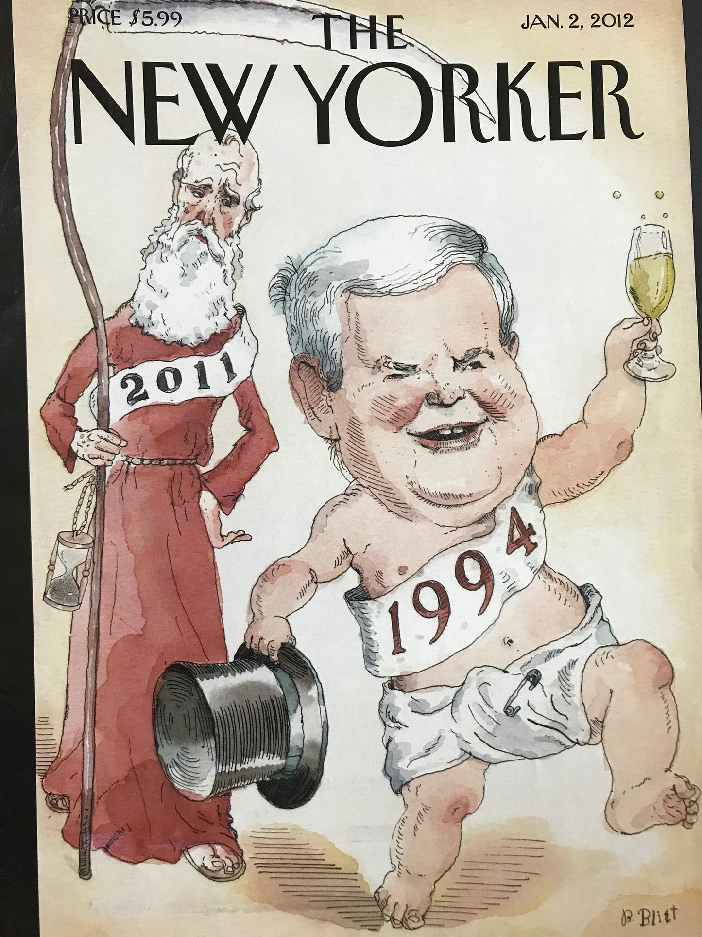 January 2, 2012 - The NEW YORKER Magazine original cover - New Years, Newt Gingrich