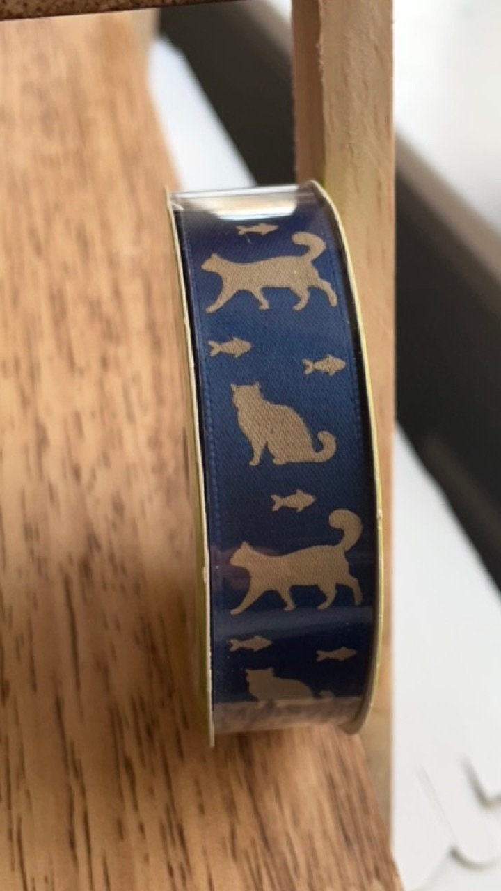 Charming cats ribbon - new, mint condition - price per yard - farmhouse ribbon, cottage style ribbon, navy blue and tan