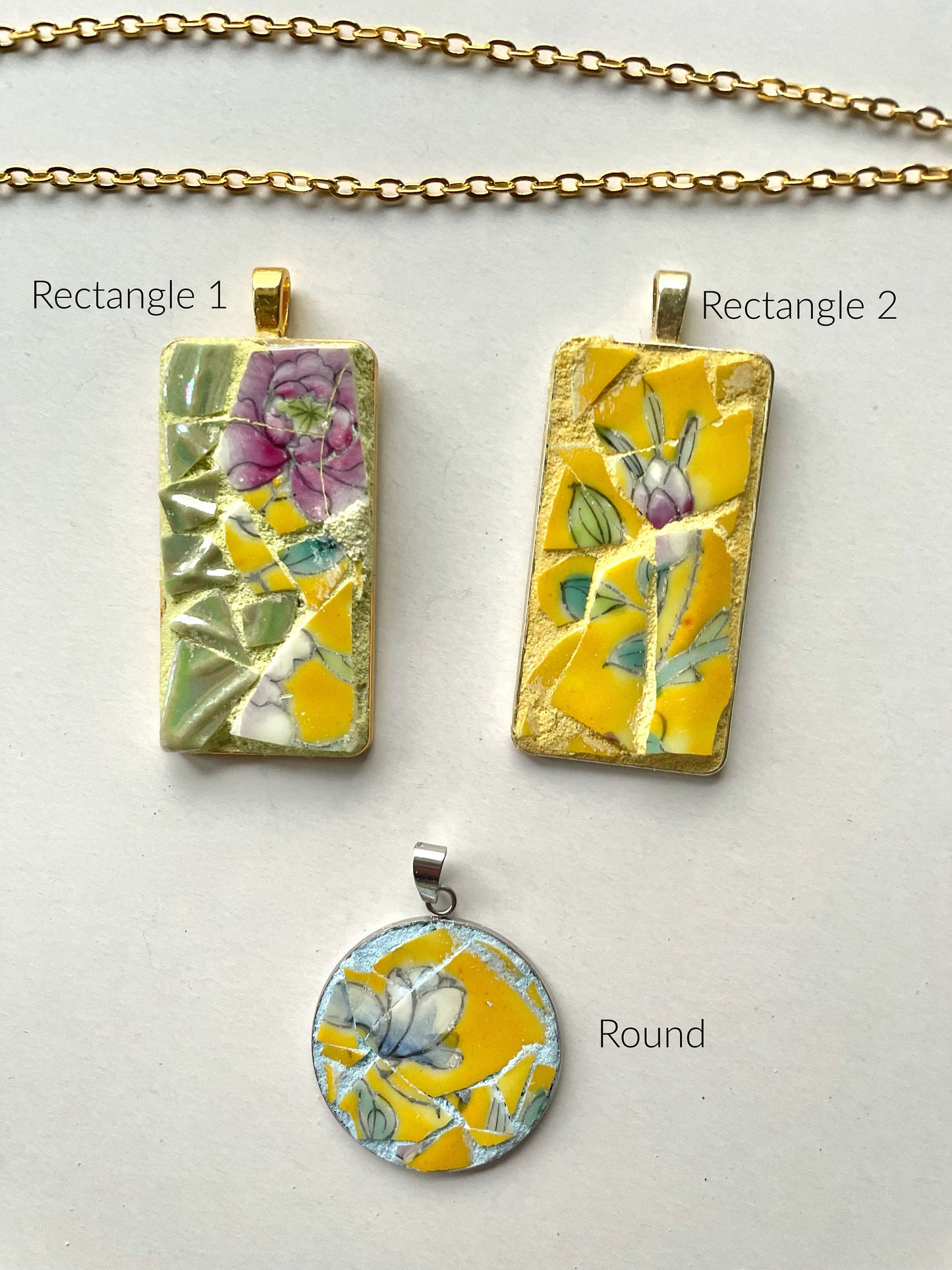 One-of-a-kind mosaic necklaces made from broken vintage dishes