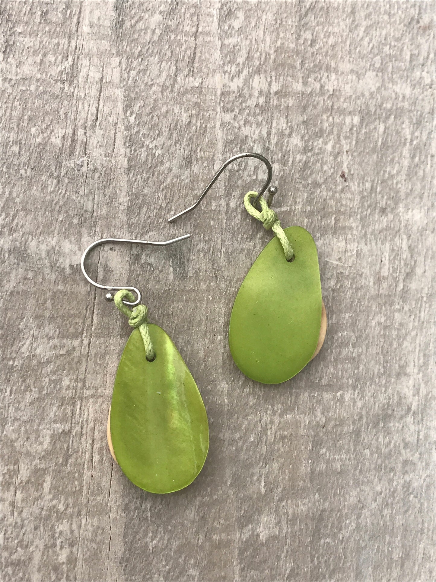 Unique lime green abalone & etched wood vintage dangle earrings