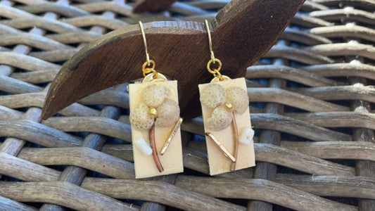 Mixed material collage handmade dangle earrings - wood, metal, shell and more