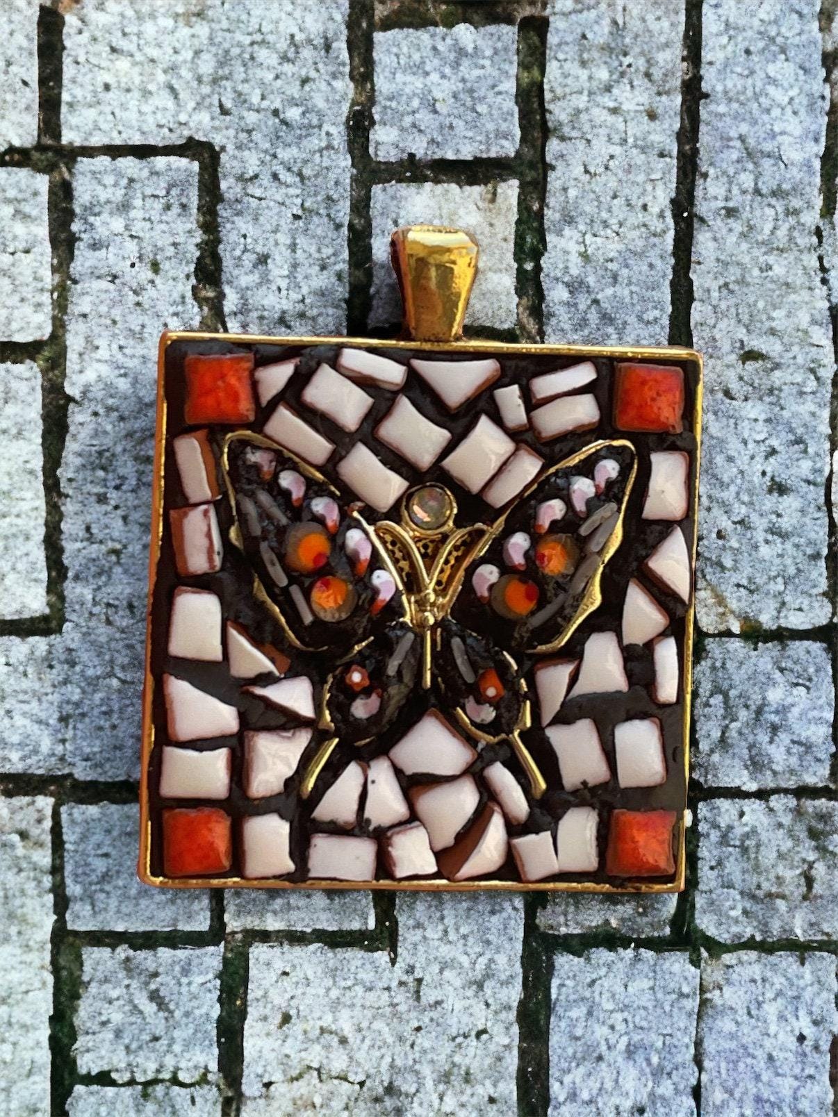Mixed Material Butterfly Necklace: Hand Cut Tile and Italian Glass