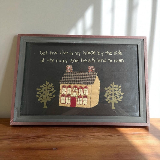 Framed folk art style handmade embroidered felt and mixed fabrics inspirational quote vintage wall hanging