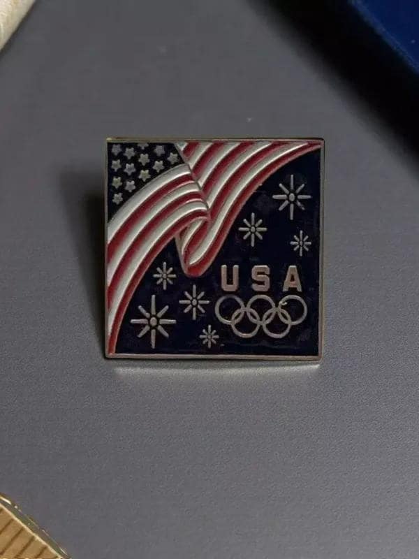 USA Olympic Enamel Pin – Aminco – American Flag & Olympic Rings – 1”