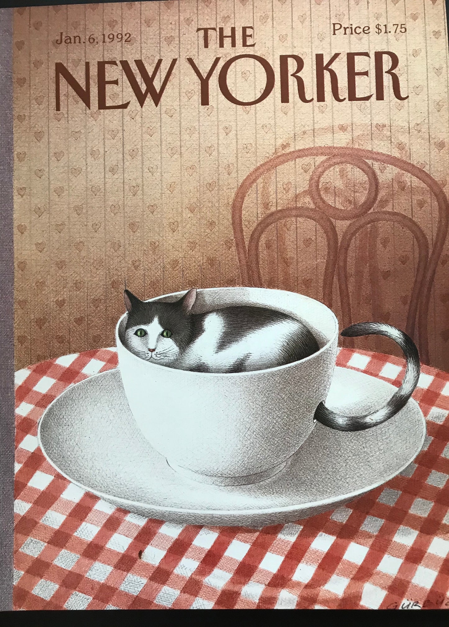The NEW YORKER cover only - January 6, 1992 - little kitten curled up in a coffee cup, cat