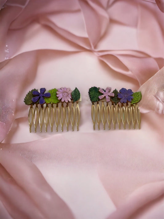 Pair of handpainted wooden flowers on metal hair comb - floral garden